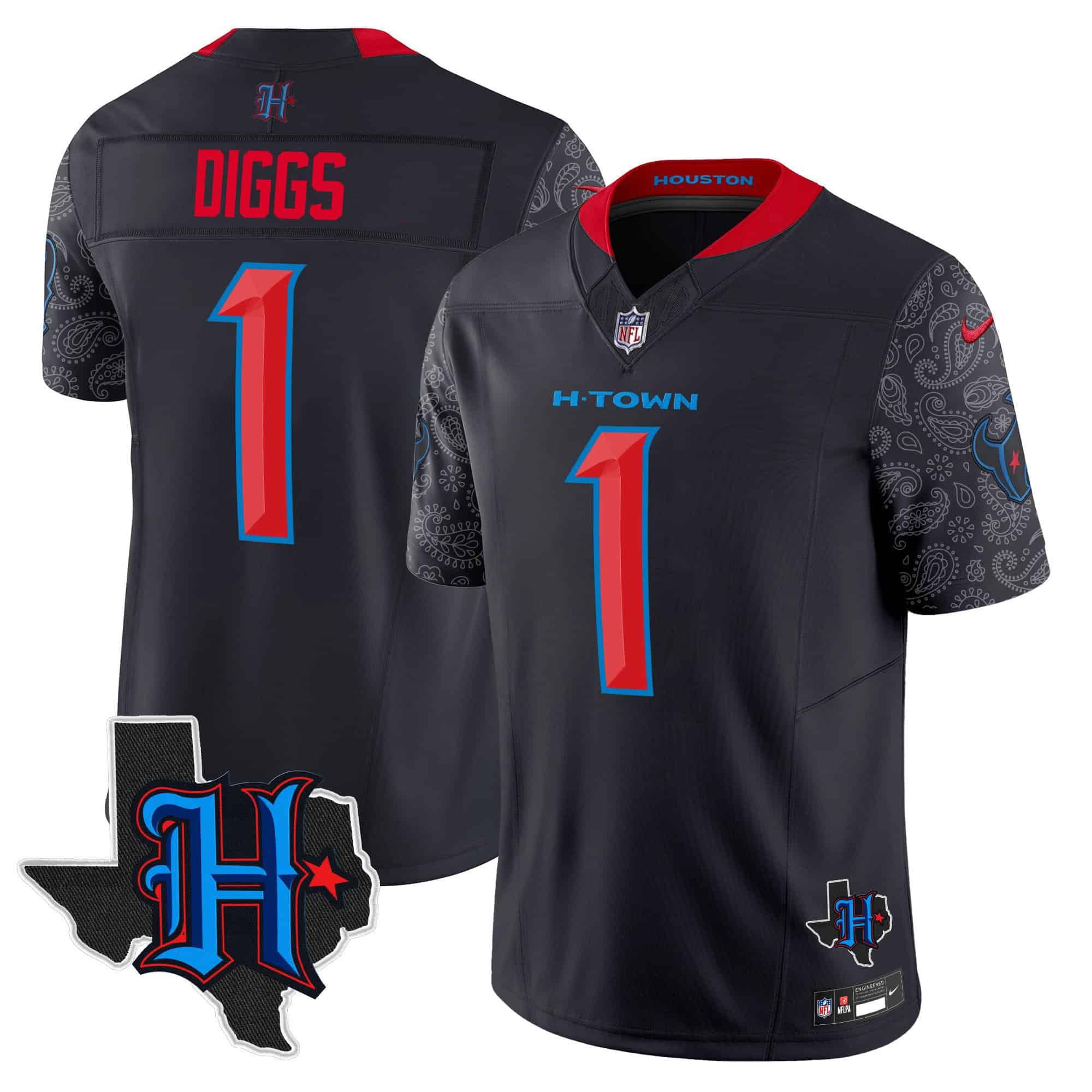 Men Houston Texans #1 Diggs Black 2024 Nike Texas Patch Vapor Limited NFL Jersey